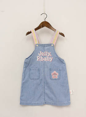 韩单夏款童装   女童彩色肩带口袋粉花朵纯棉连衣裙   D1C