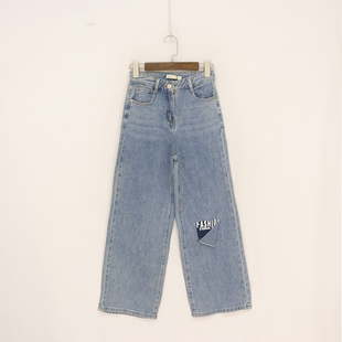 欧美单春款童装  大童内松紧左裤脚割破白字母直筒牛仔裤 8F-5-2