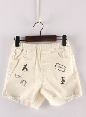 夏款童装    男女童松紧腰黑色涂鸦毛边弹力牛仔短裤  6N-3-4