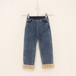 冬款童装   女童裤脚羊羔毛刺绣卡通弹力加绒九分牛仔裤