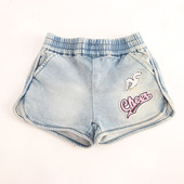 热裤 内销撤柜童装 女童做旧卡通毛圈弹力牛仔岔口松紧牛仔短裤