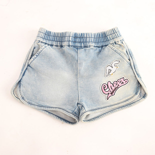 内销撤柜童装 女童做旧卡通毛圈弹力牛仔岔口松紧牛仔短裤热裤 D1