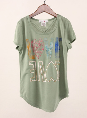 欧美夏季新款 女童高弹镶钻绿色套头短袖T恤 D2