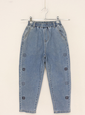 内销秋冬款童装 女童松紧腰弹力两侧胶印黑花朵牛仔裤    DD