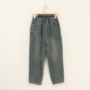 内销冬款童装     男童后口袋割破白字母黄标加绒牛仔裤    D1N