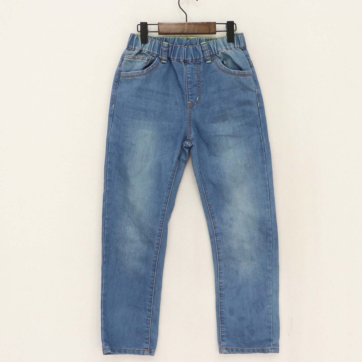 男童棕绿线条水洗磨白修身小直筒