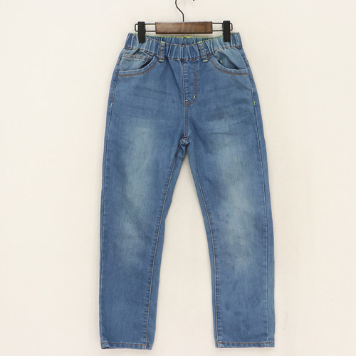 男童棕绿线条水洗磨白修身小直筒