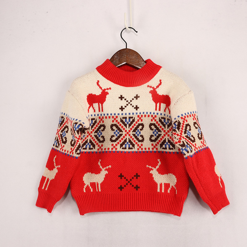 半高领加绒毛衣叉型提花圣诞款