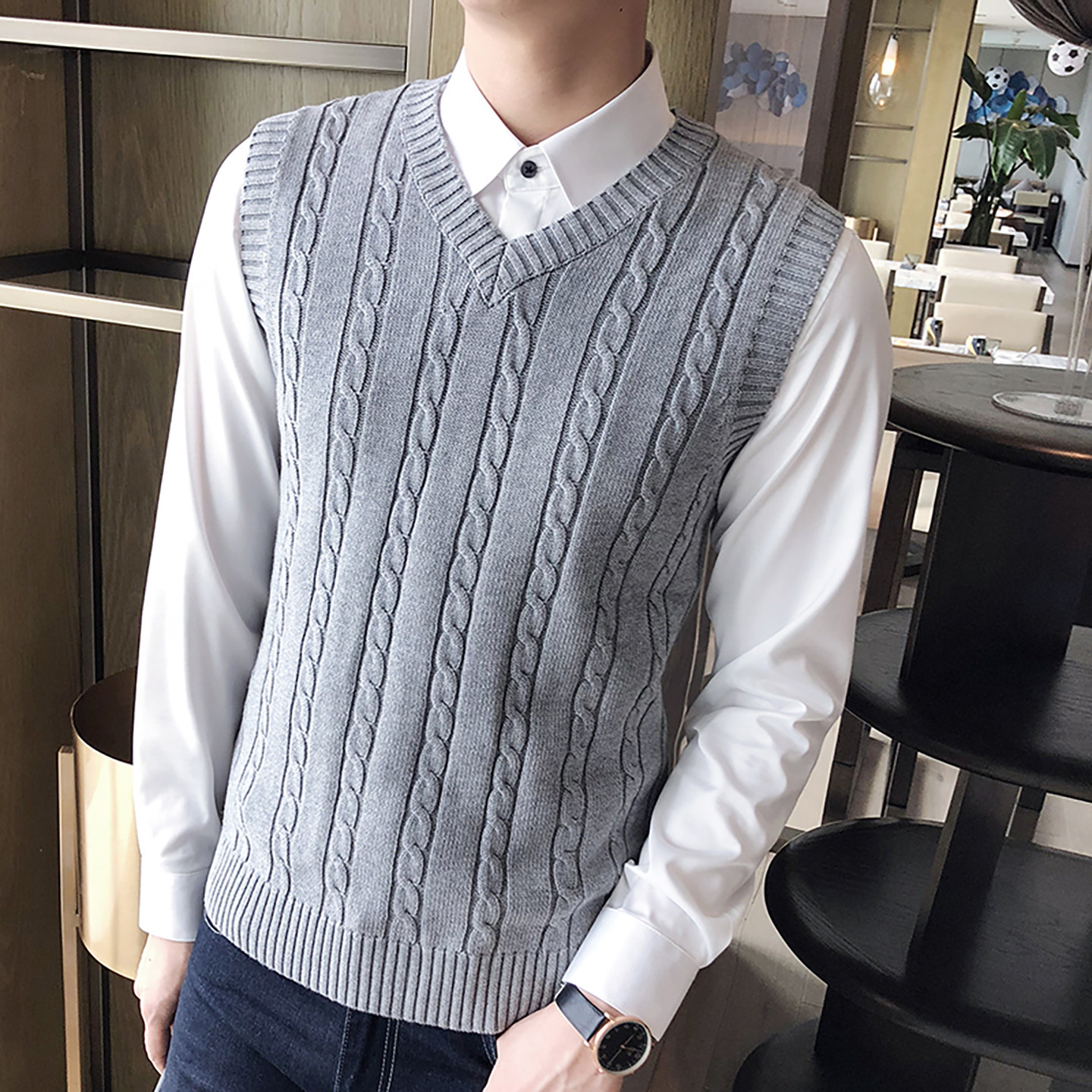 秋冬毛线背心男V领无袖毛衣马甲加厚麻花毛背心潮套头针织衫坎肩