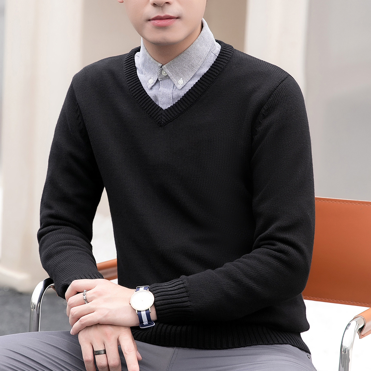 2025秋冬季V领毛衣男长袖修身针织衫新款纯棉打底衫青年套头毛衫