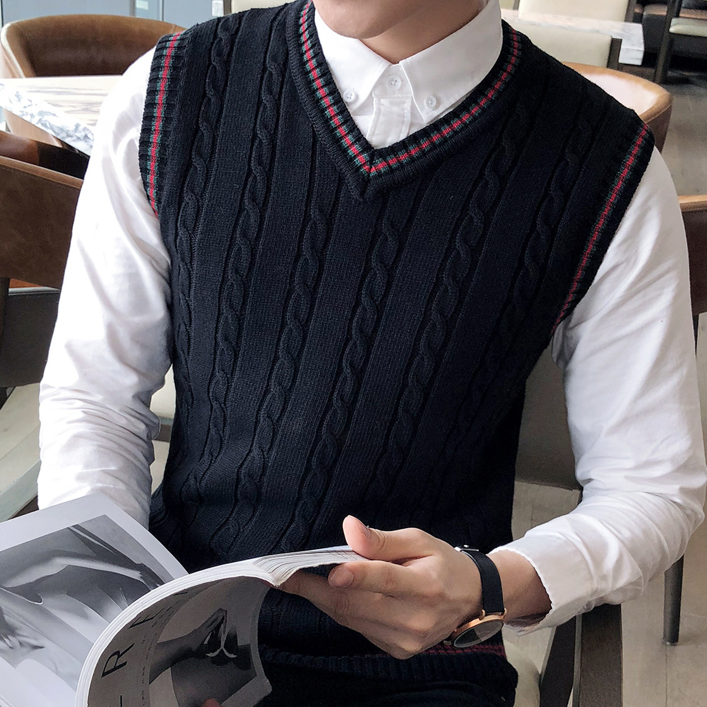 秋冬V领毛背心男季韩版无袖针织衫套头毛线马甲潮牌黑色毛衣背心