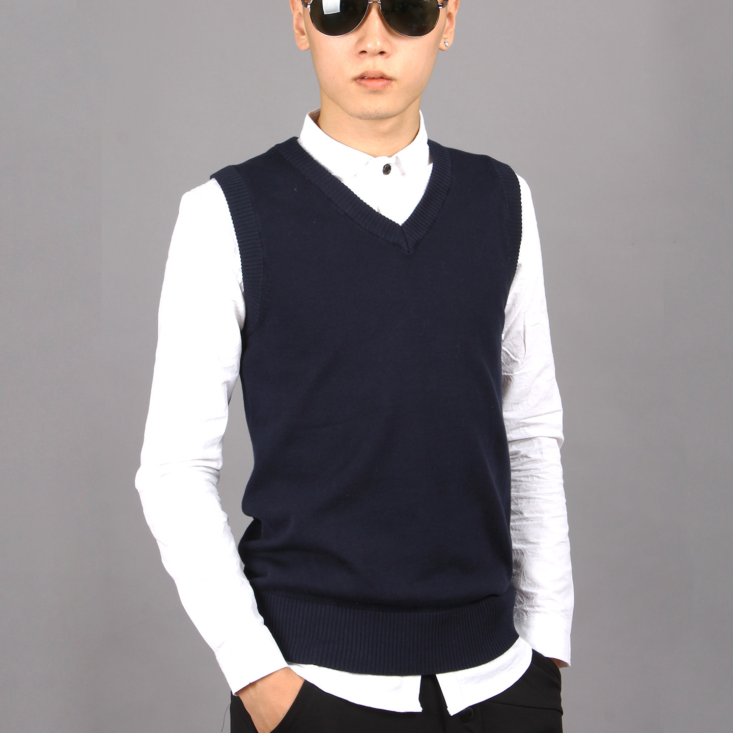 秋冬薄款V领毛背心男士无袖毛衣背心毛线马甲潮男针织衫马夹坎肩