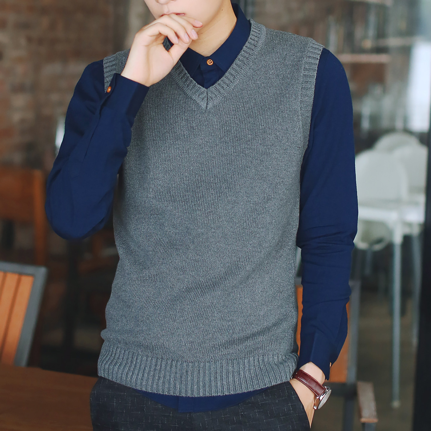针织衫背心男秋冬修身毛衣马甲毛线衣马夹坎肩纯色加厚V领毛背心