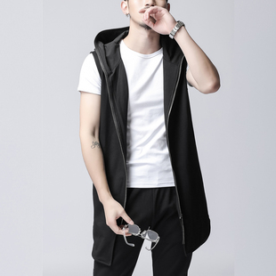 中长款马甲男连帽春夏韩版黑色开衫坎肩背心潮流薄款无袖风衣外套