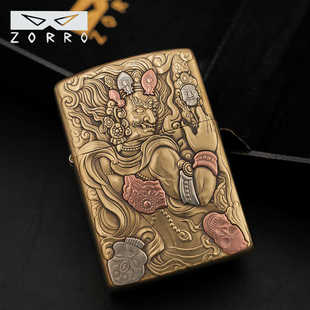 佐罗二代黄铜盔甲打火机浮雕镶嵌不动明王个性男士送礼盘玩打火机
