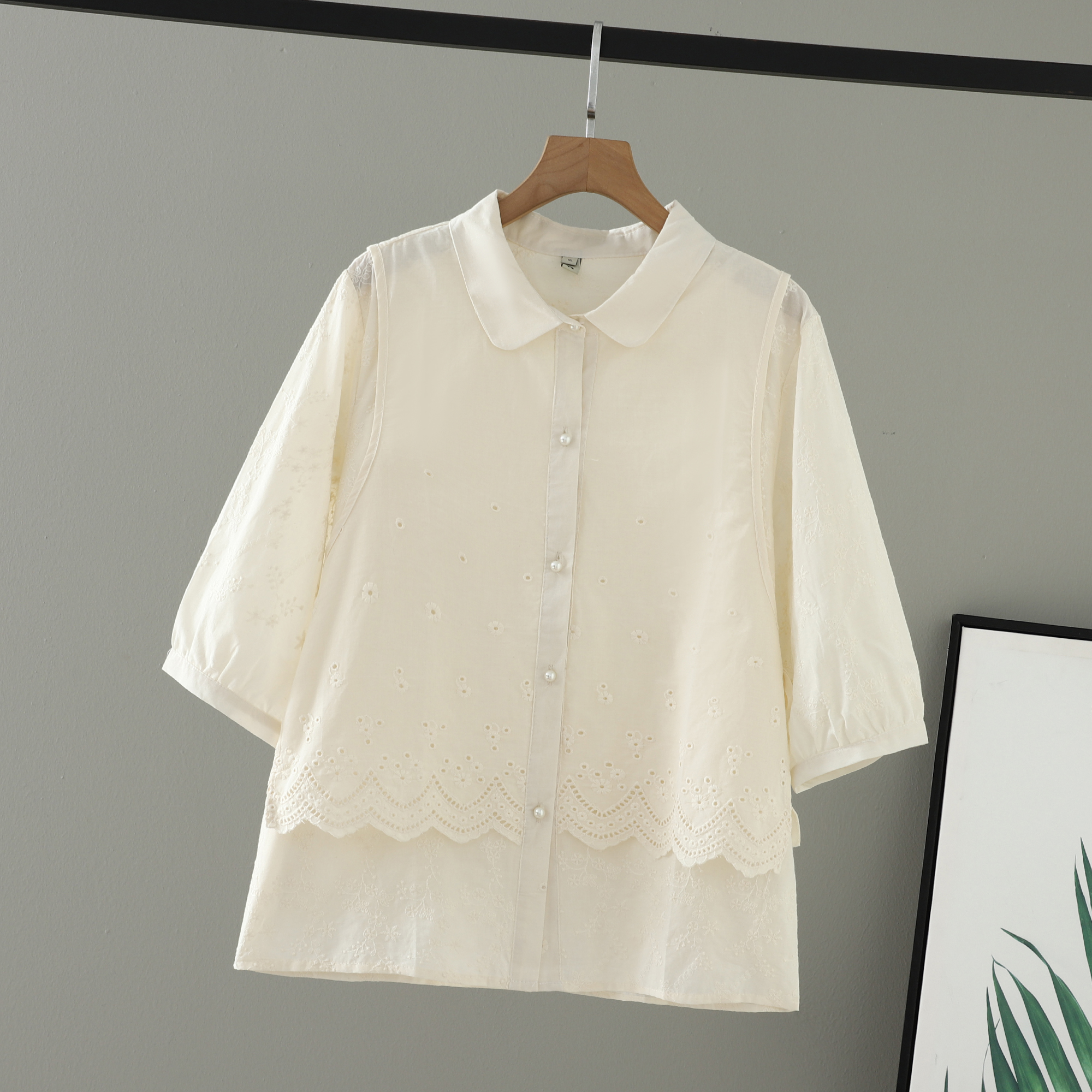 假两件绣花镂空大码七分袖衬衫