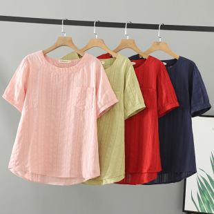 圆领纯色短袖 夏装 T恤女提花胸前口袋上衣 女装 2026胖mm加肥加大码