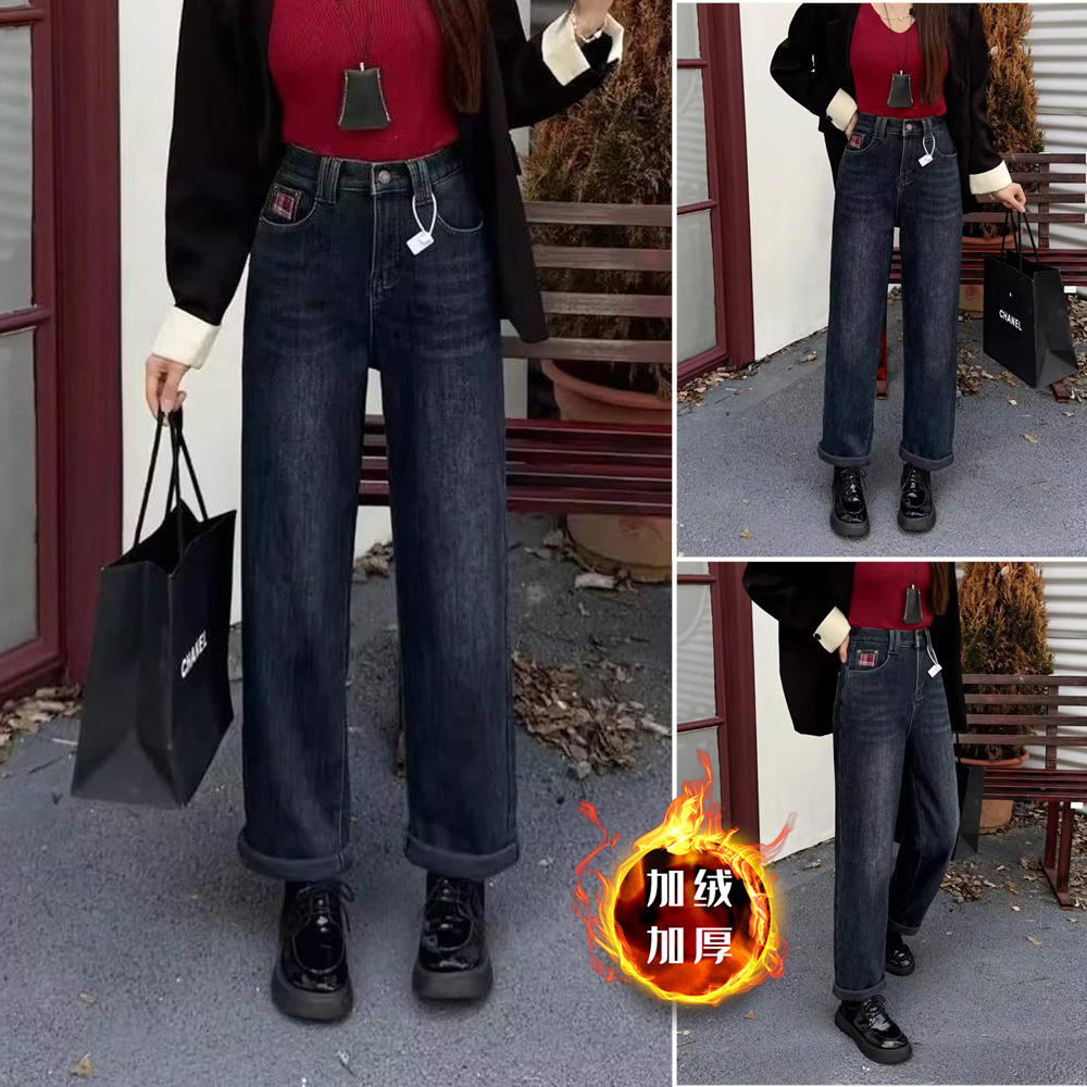 胖妹妹新款安哥拉加绒牛仔裤女