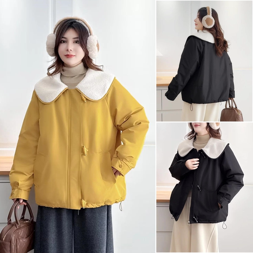 大码娃娃领拼接颗粒绒棉服