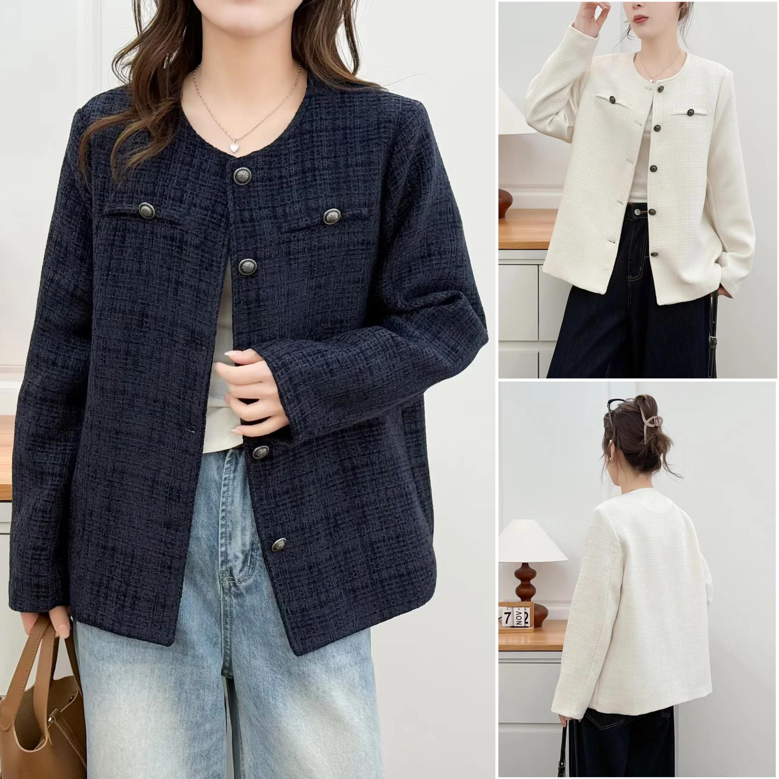 胖mm春装女装新款2026长袖中年圆领大码气质外套小香风正肩上衣女