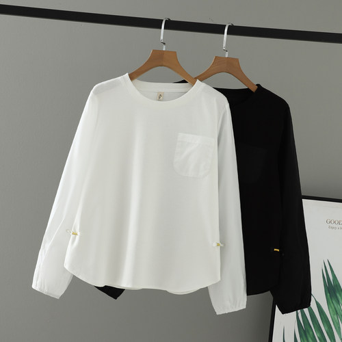 拼接单口袋纯色女上衣长袖T恤