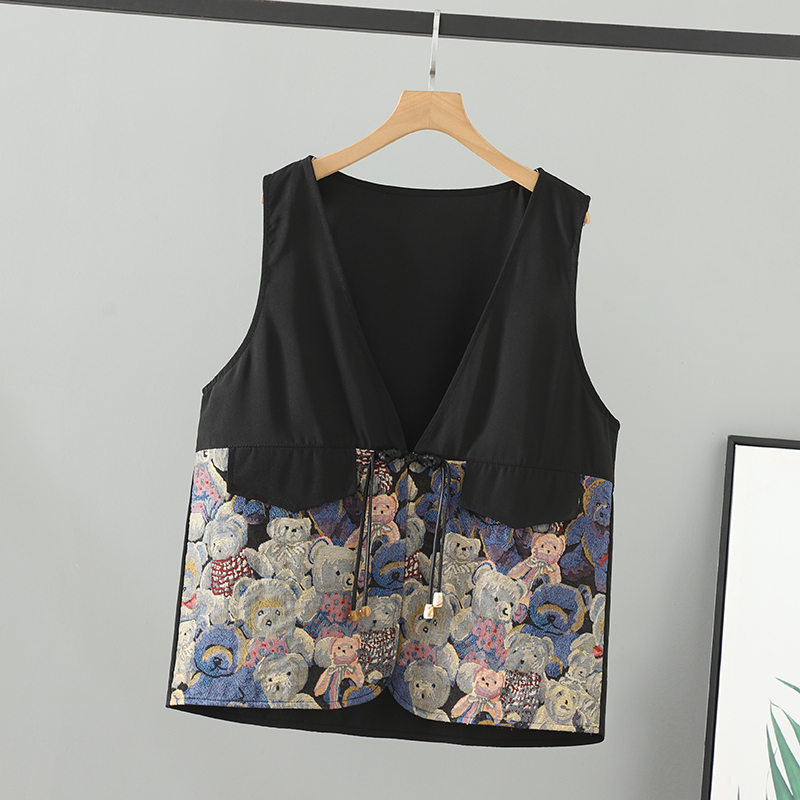 加肥加大码女装春装胖mm新款提花马甲女拼色国风盘扣200斤马夹