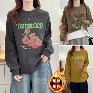 冬装 新款 胖mm中年圆领加绒加厚200斤减龄上衣印花卫衣女 女装 大码