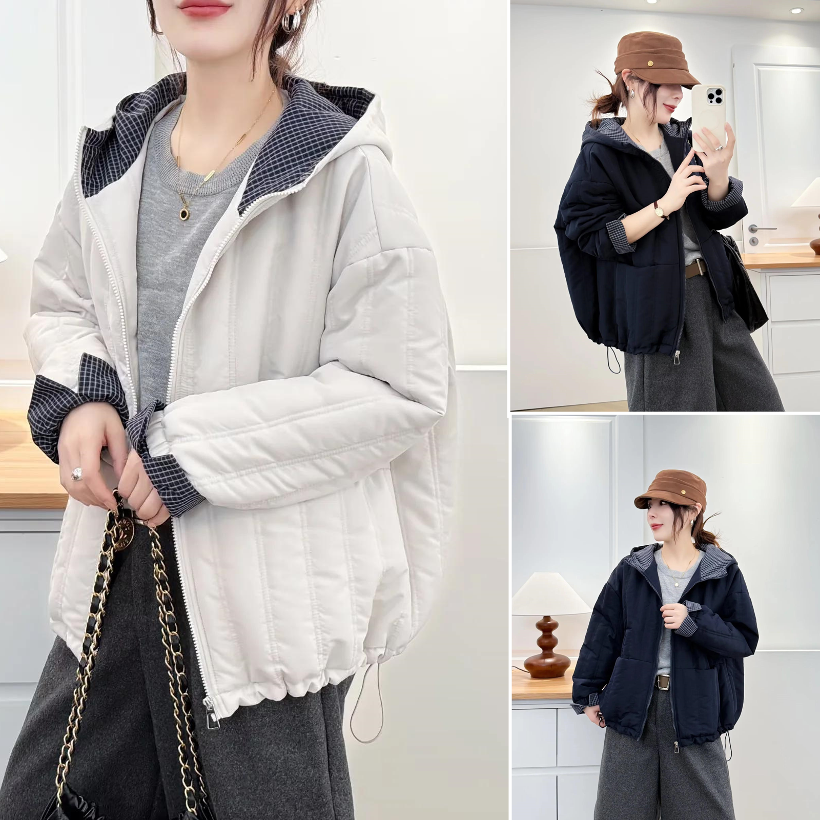 胖mm棉袄长袖格子拼接连帽棉衣女