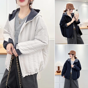 棉袄长袖 2025冬装 新款 女装 格子拼接连帽中年减龄棉衣女 胖mm大码