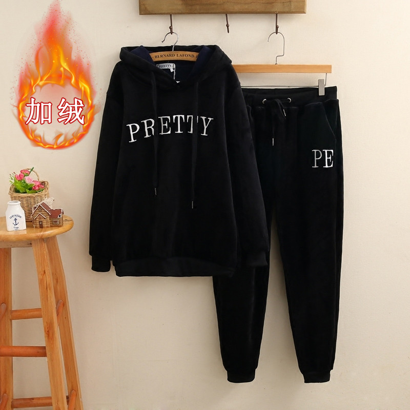 胖mm大码加绒连帽卫衣运动套装女