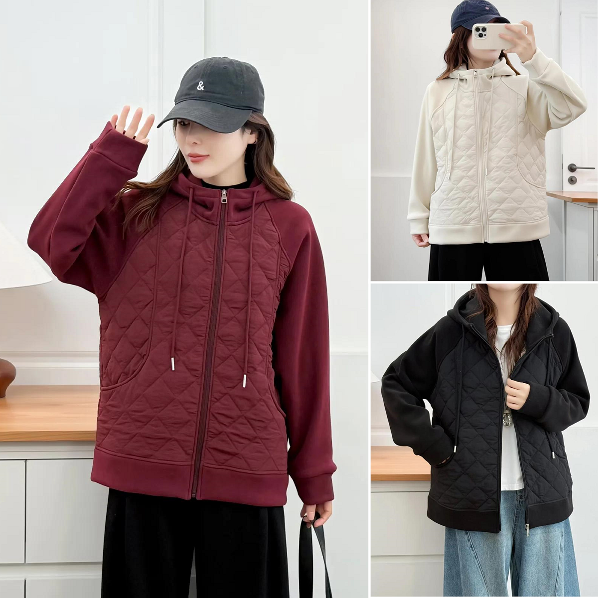 大码连帽防风奥粒绒拼接保暖棉袄