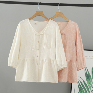 新款 V领国风开衫 中式 胖mm夏装 衬衫 女装 七分袖 女显瘦提花上衣 大码