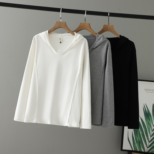 女装连帽T恤拼接纯色中年长袖女
