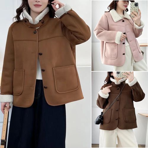 大码年翻领桃皮绒皮毛一体外套