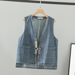 大码女装春装胖mm马甲女外搭国风盘口拼色200斤牛仔披肩百搭上衣