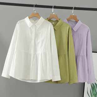 春装 衬衫 200斤女装 纯色翻领别致上衣女腰褶皱大码 长袖 胖mm新款