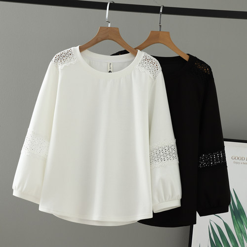 2026胖mm春款女装圆领纯色上衣勾花镂空长袖弧形下摆大码T恤女