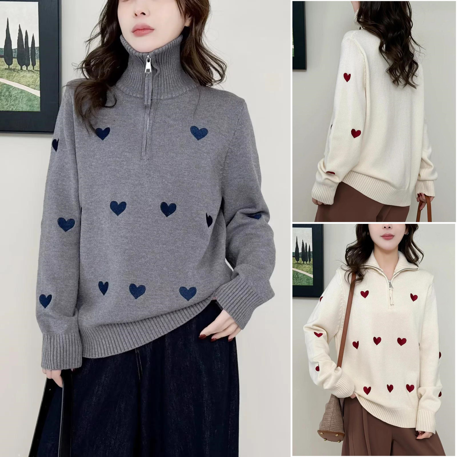 2025胖妹妹秋冬大码女装中年翻领半拉链针织毛衣爱心提花上衣女,女装/女士精品,大码内搭,淘宝优惠券,粉丝福利购,淘宝优惠卷