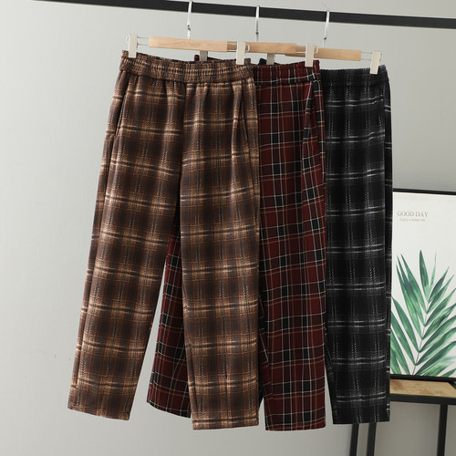 大码女装加绒时尚毛呢格子长裤