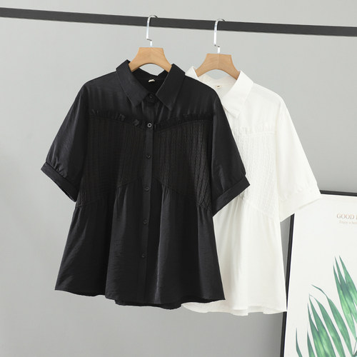 拼接上衣女200斤短袖胖妹妹衬衫