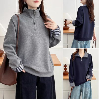 春装大码200斤半拉链条纹卫衣