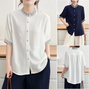 女衬衫 2026夏装 胖mm新款 女装 中年民族风刺绣宽松衬衣 立领显瘦大码