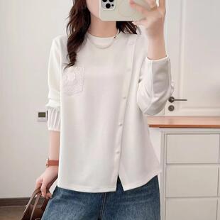 不规则卫衣纯色圆领中年200斤花边拼接上衣女 胖mm春装 大码 女装