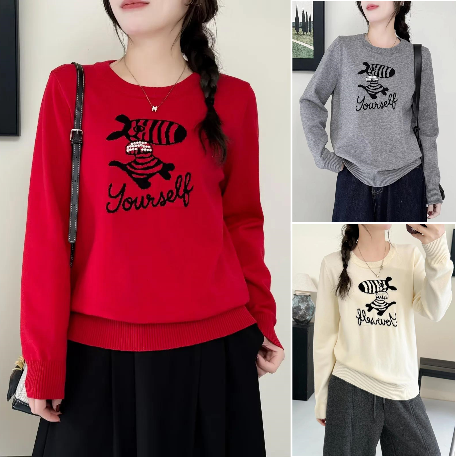 2025胖mm大码女装冬装毛衣女小马提花钉珠点缀本命年圆领中年上衣,女装/女士精品,大码内搭,淘宝优惠券,粉丝福利购,淘宝优惠卷