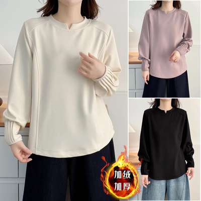 大码加绒加厚褶皱正肩圆领打底衫