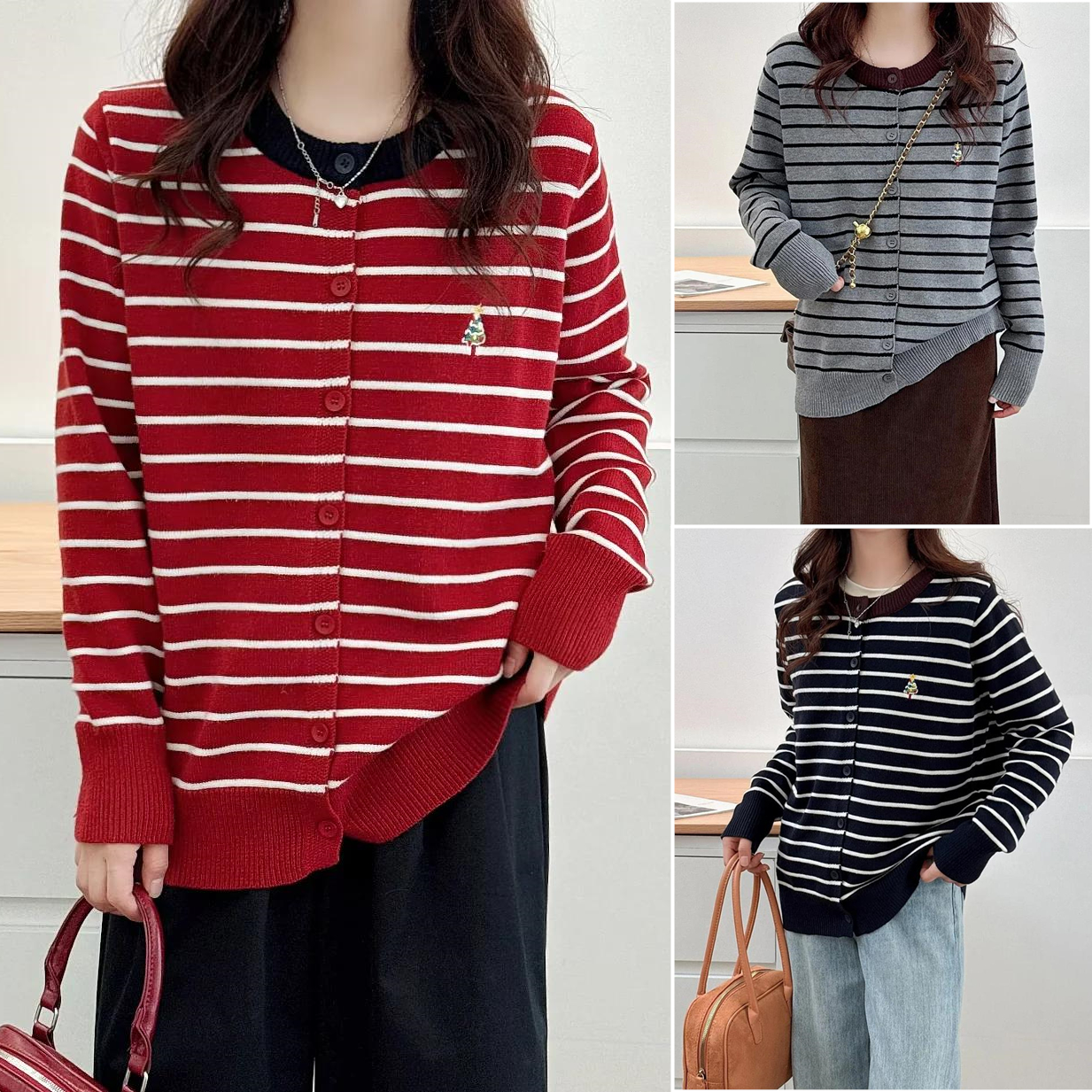 胖mm条纹圣诞树刺绣开衫针织衫