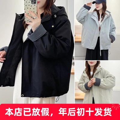 胖妹妹冬装连帽棉服撞色派克服女