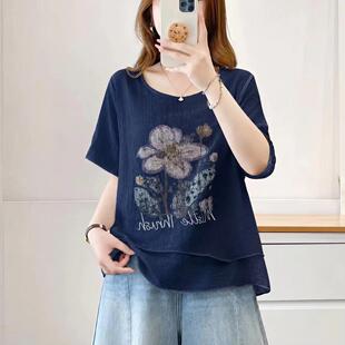 大码女装2026夏装胖妹妹印花宽松女上衣短袖假两件时尚中年T恤