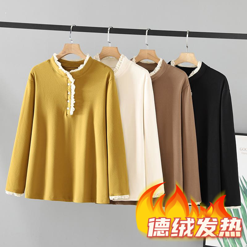 胖mm冬装花边领保暖德绒T恤