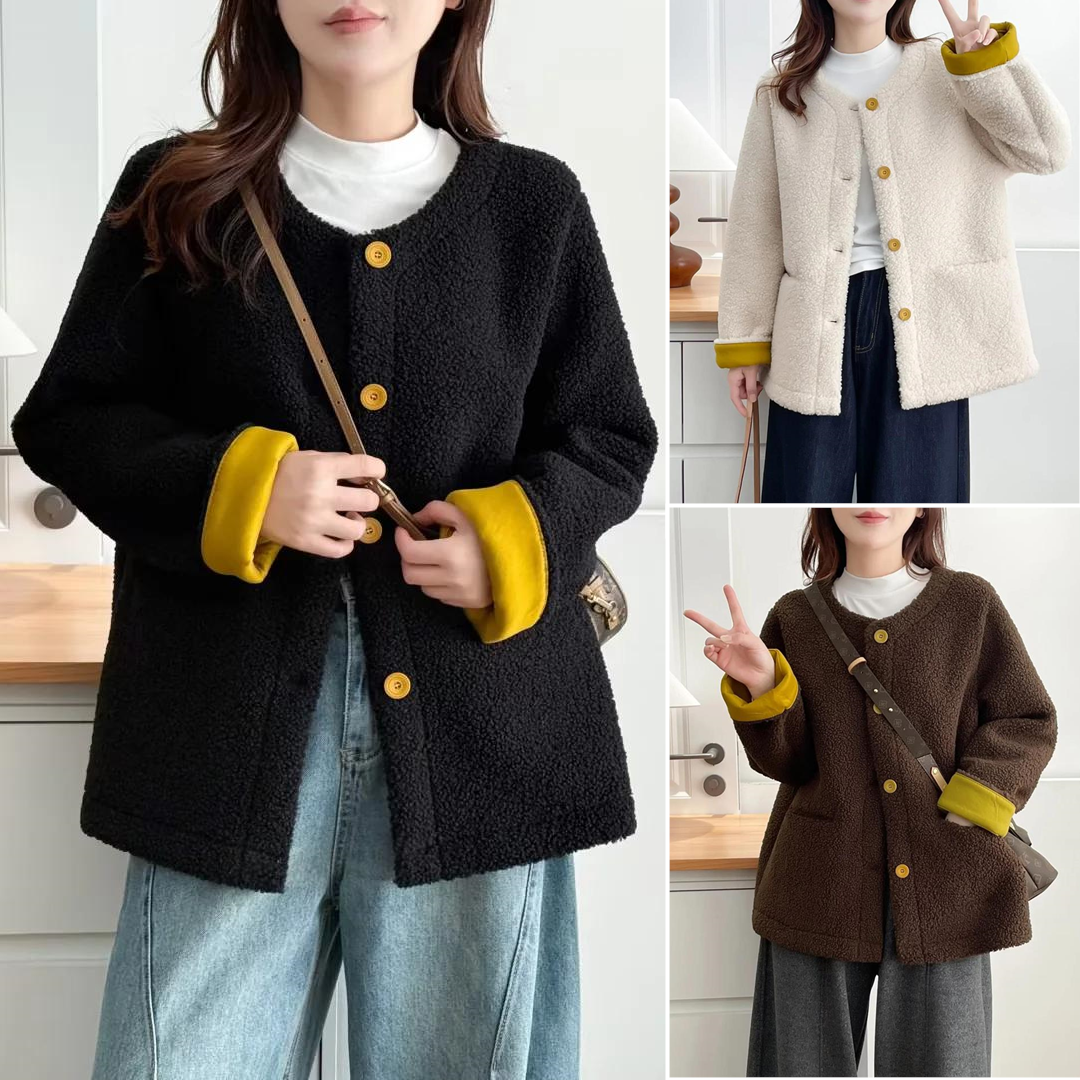 胖妹妹加厚颗粒绒圆领撞色女外套